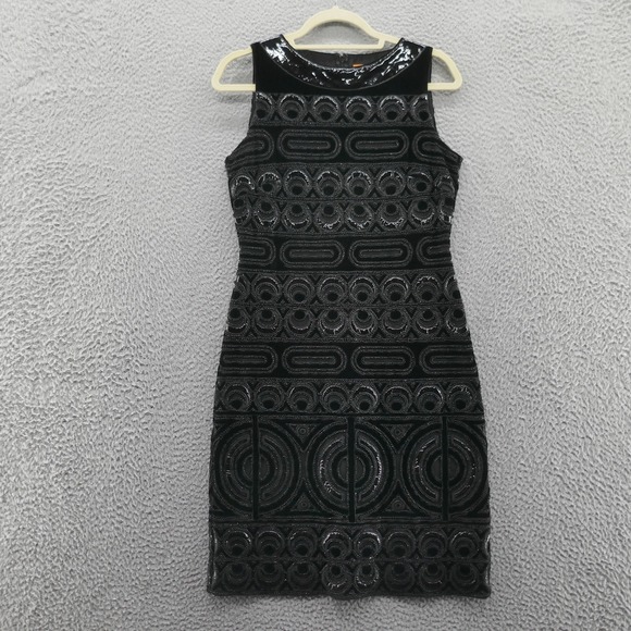 Tory Burch Womens Beaded Velvet Patent Leather Sheath Dress 4‎ Black Cocktail - Picture 1 of 16